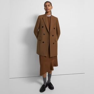 Theory Double‎ Breasted Bonded Wool Blend Coat Tan Sz 12